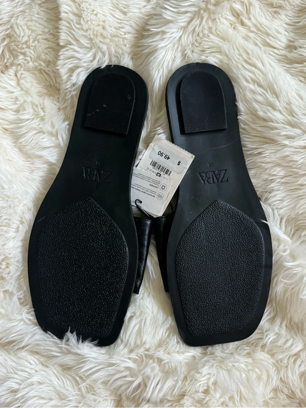 Zara Black Square-Toe Leather Slide Sandals size 38 - Picture 2 of 3